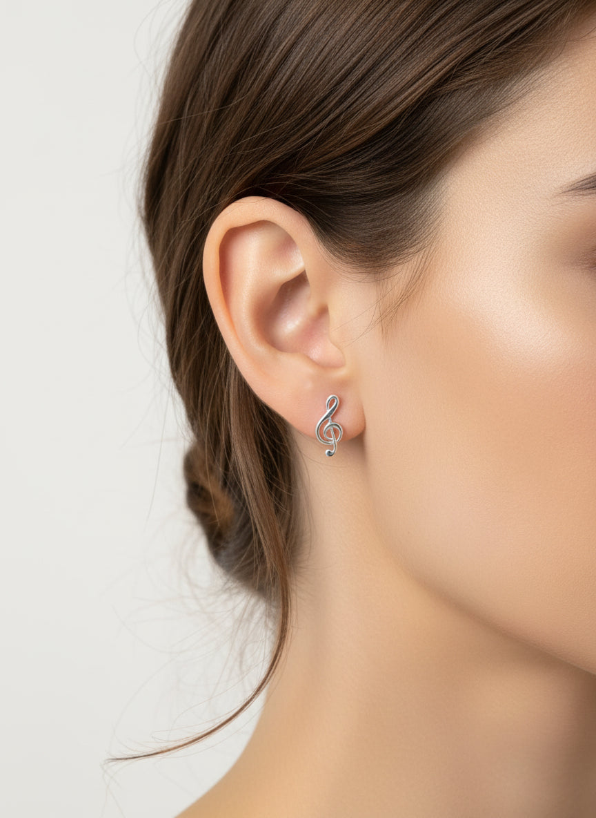 Silver 925 Music Treble Clef Shaped Stud Earrings