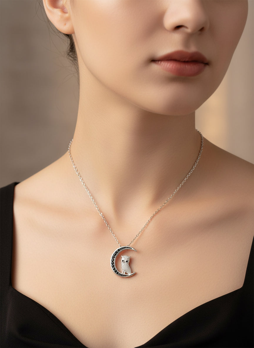 925 Silver Black Rhodium Plated Moon and Owl Pendant Necklace