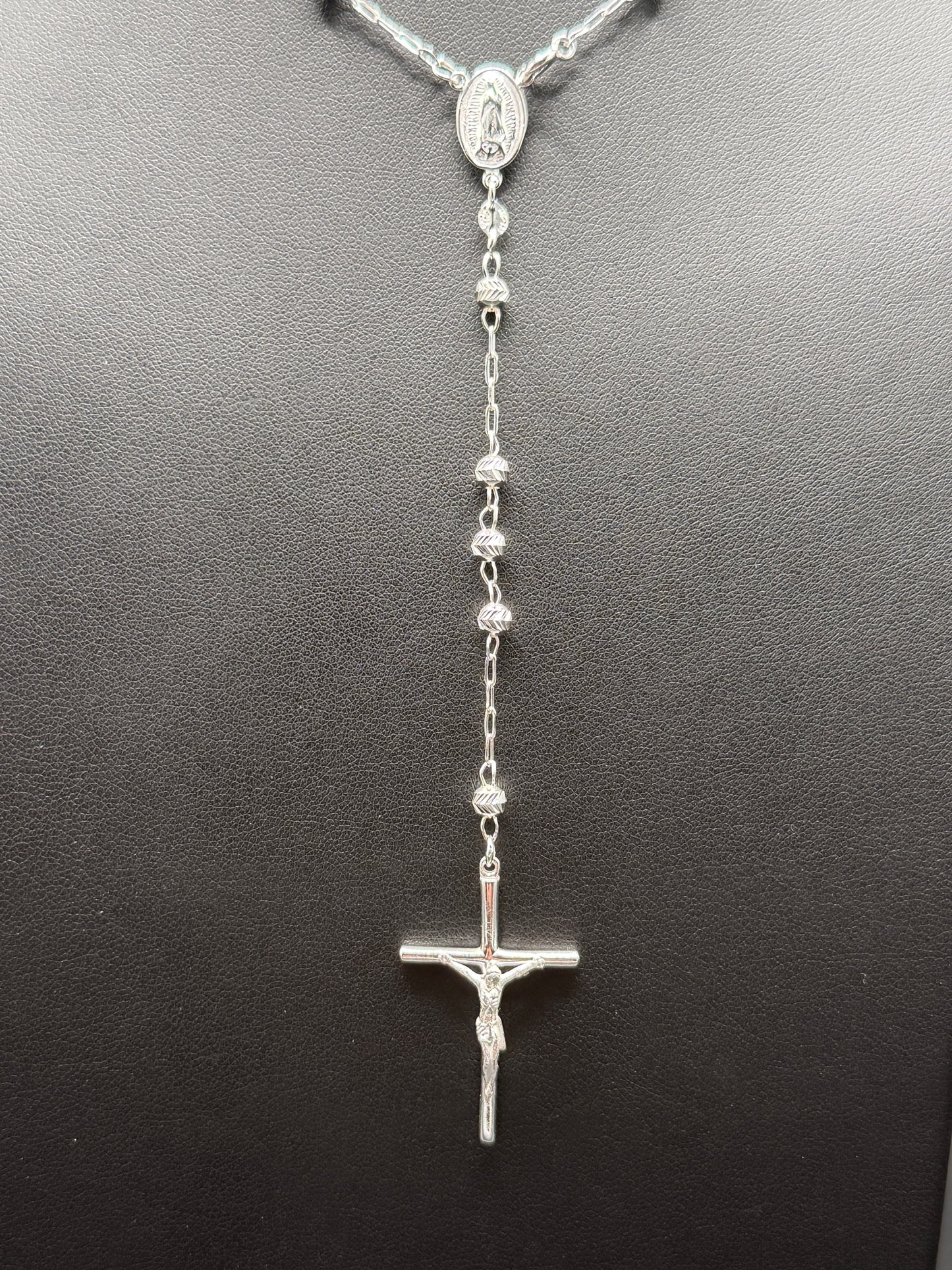 925 Silver Diamond V-Cut Beads 22" Rosary 4mm