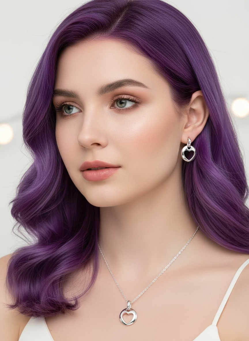 925 Silver Rhodium Plated Open Circle Heart Stud Earring and Dangling Necklace Set