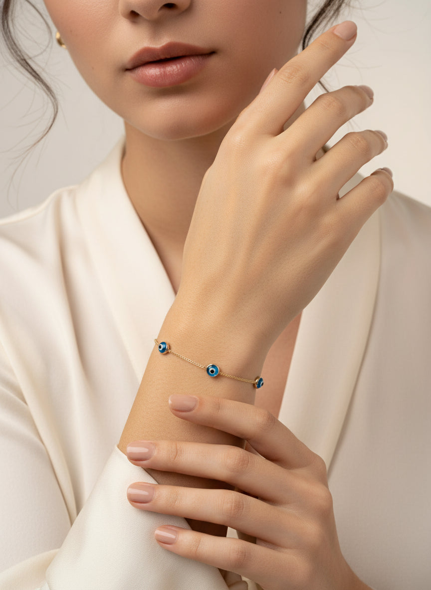 10K Gold Aqua Blue Evil Eye Bracelet