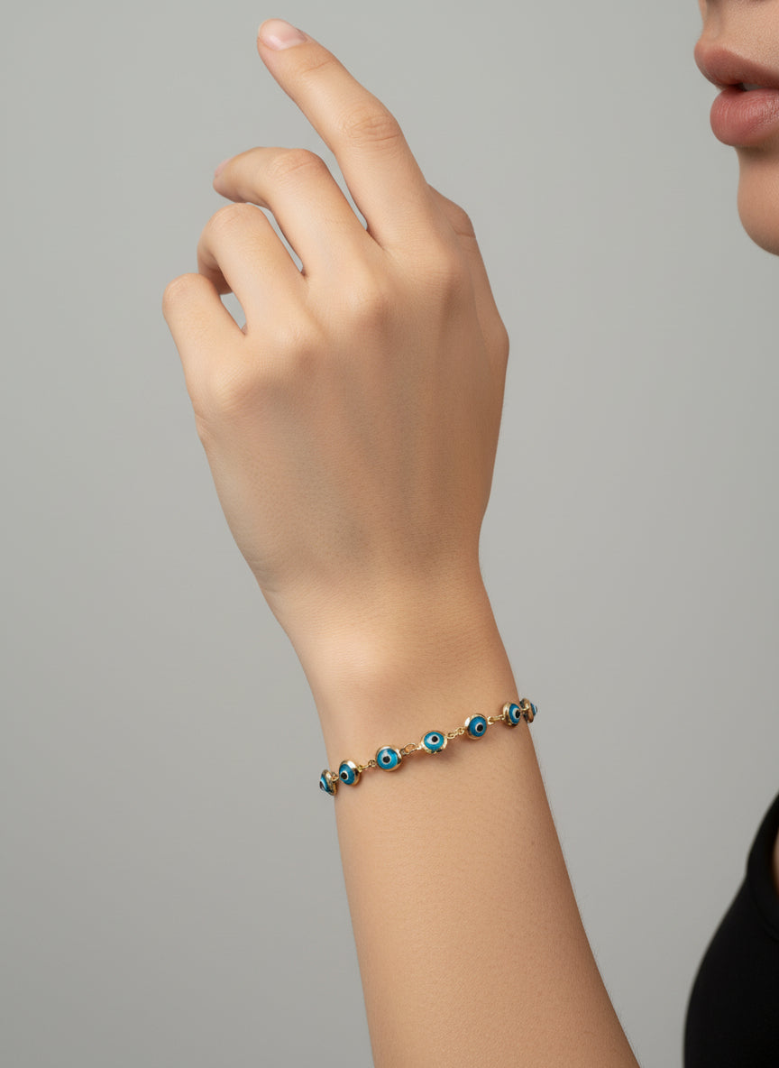 10K Gold Aqua Blue Evil Eye Bracelet