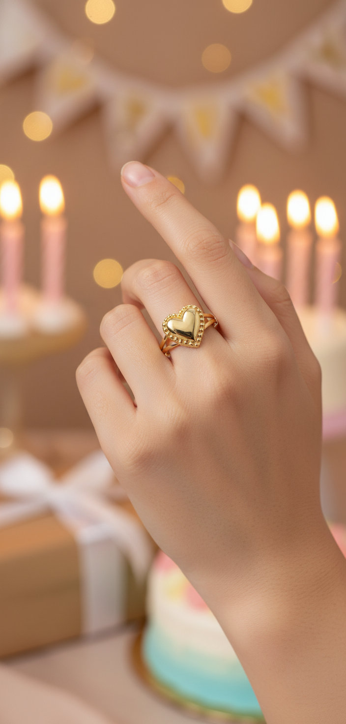 10K Gold Fancy Beaded Border Heart Ring