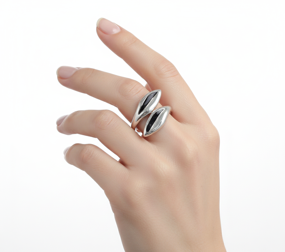 Silver 925 Rhodium Plated Twin Leaf Ring