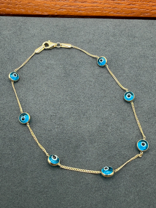 10K Gold Aqua Blue Evil Eye Bracelet