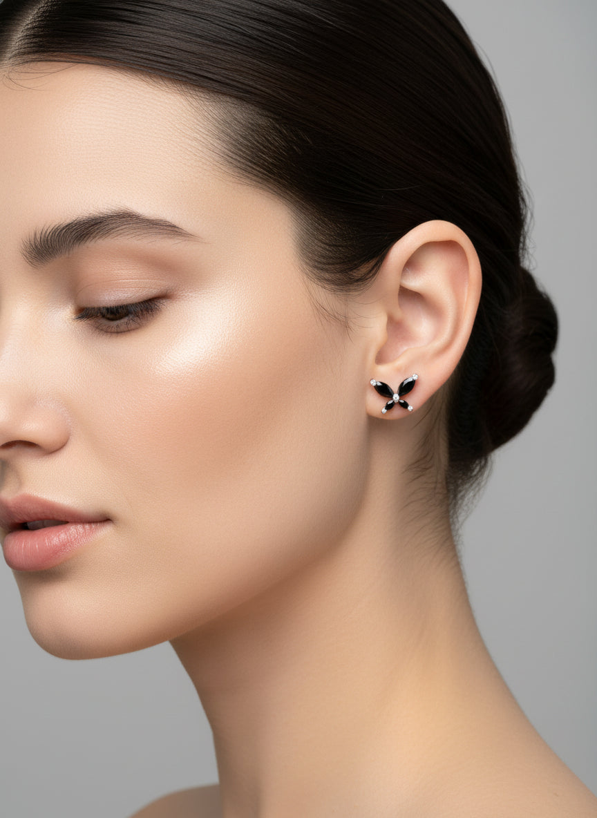 925 Sterling Silver Black Butterfly Stud Earrings