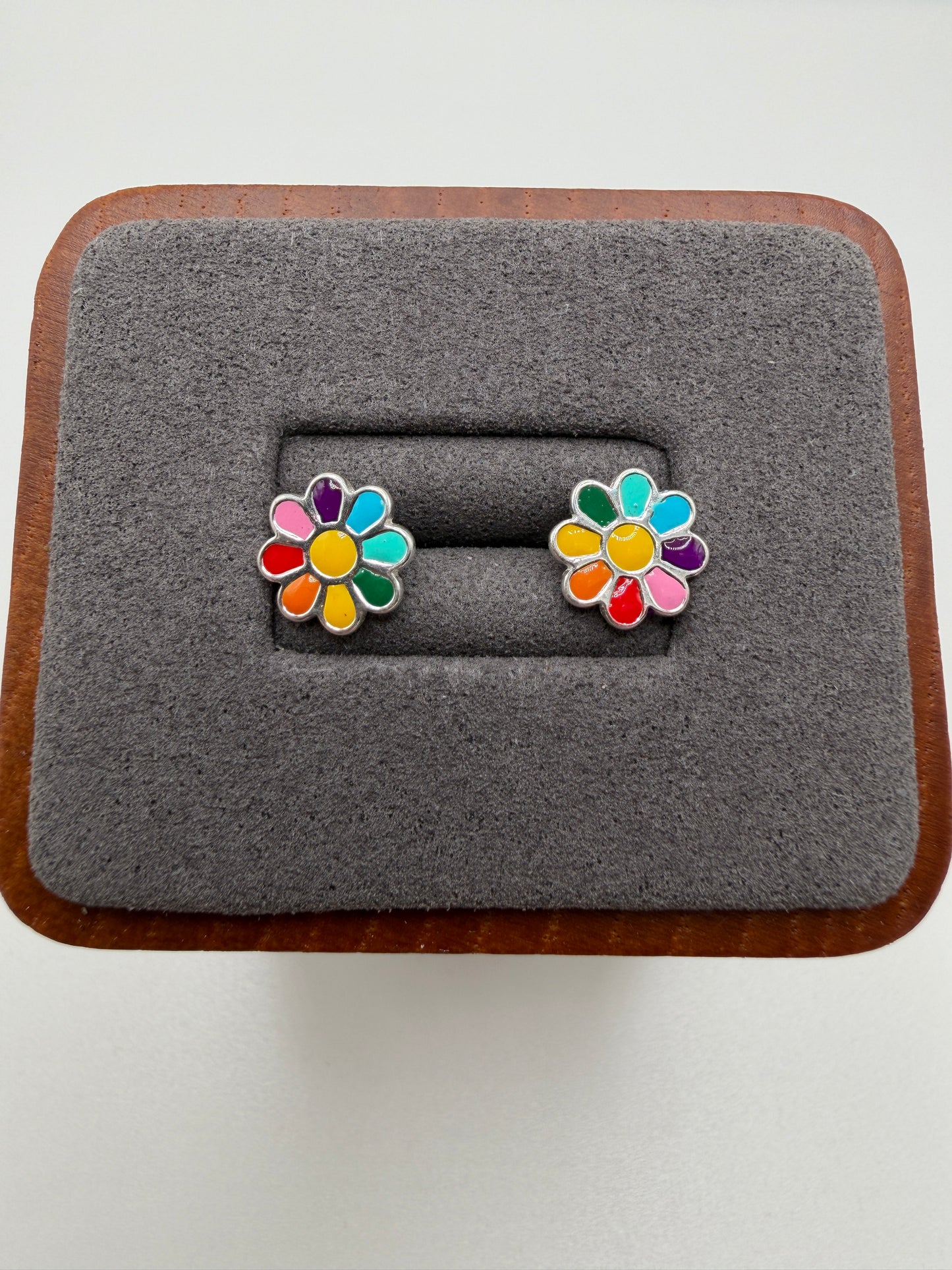 Rhodium Plated 925 Sterling Silver Multi Color Enamel Flower 9.5mm Stud Earring