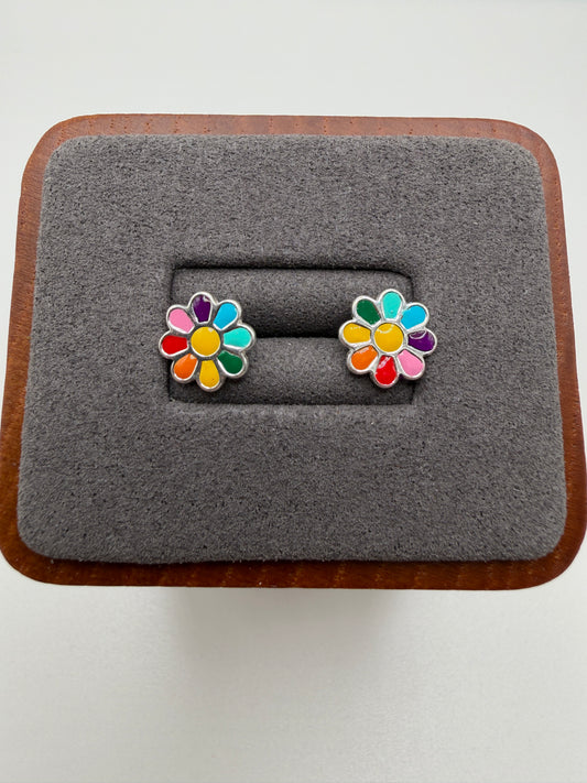 Rhodium Plated 925 Sterling Silver Multi Color Enamel Flower 9.5mm Stud Earring