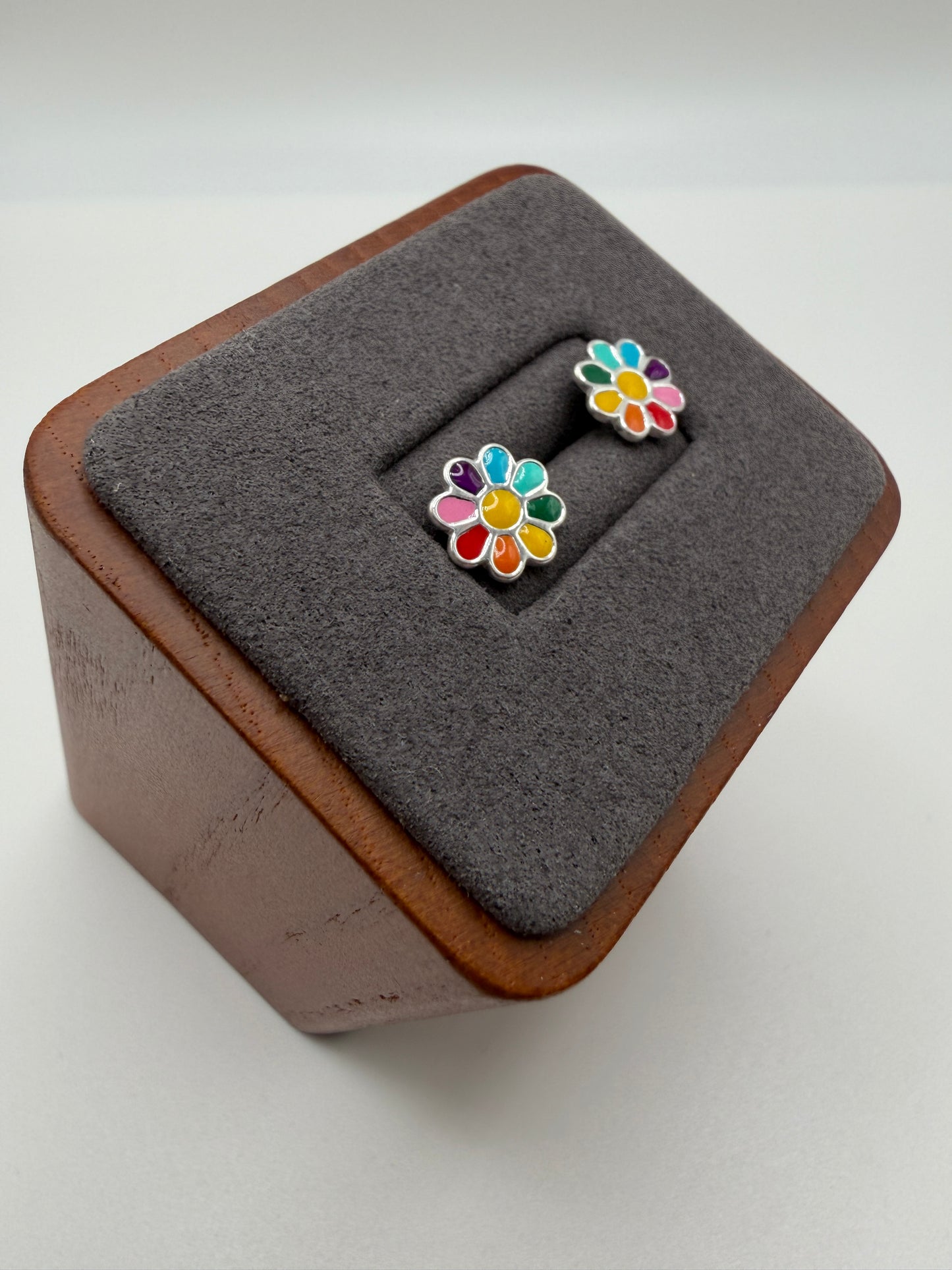 Rhodium Plated 925 Sterling Silver Multi Color Enamel Flower 9.5mm Stud Earring