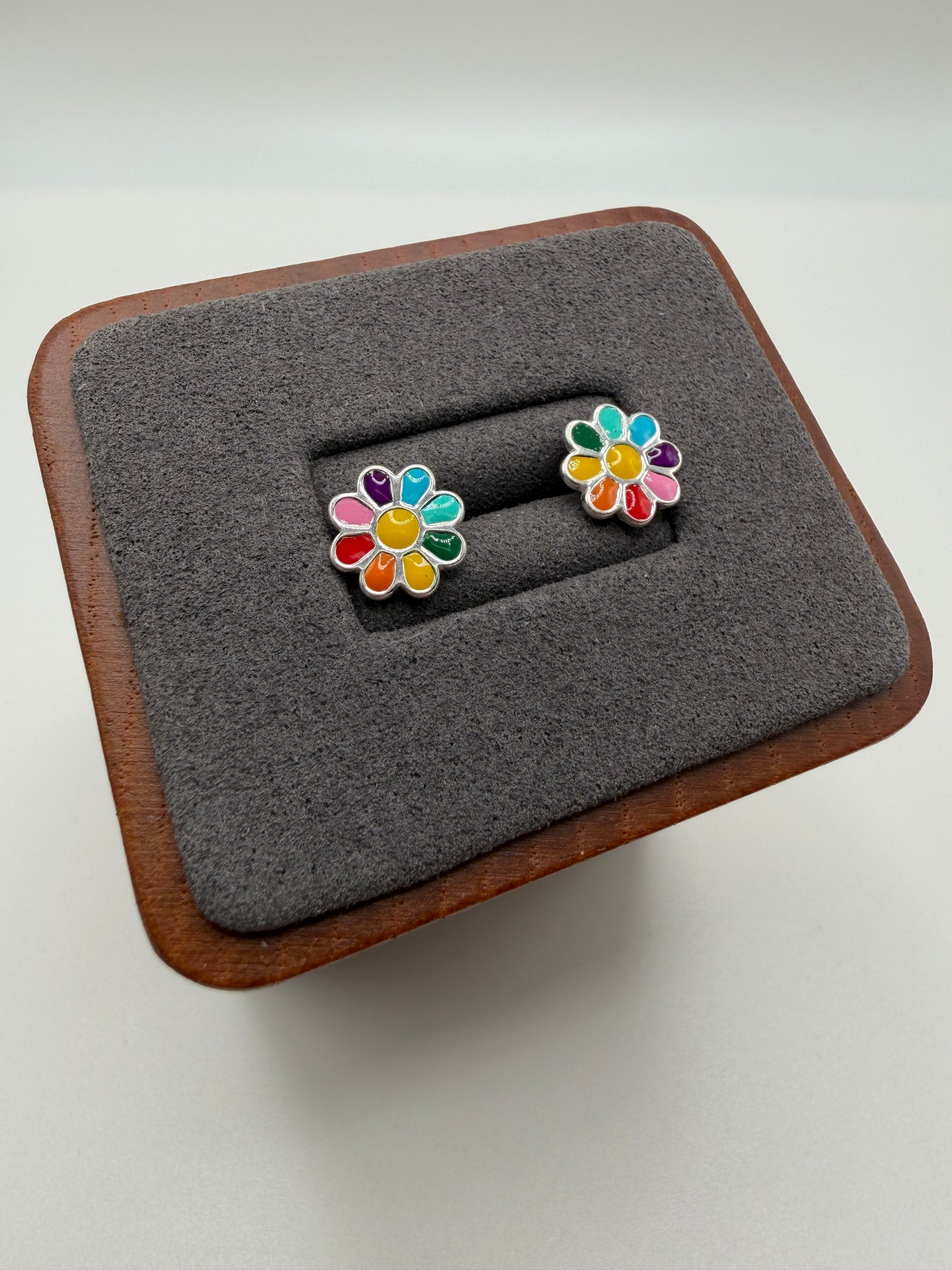 Rhodium Plated 925 Sterling Silver Multi Color Enamel Flower 9.5mm Stud Earring