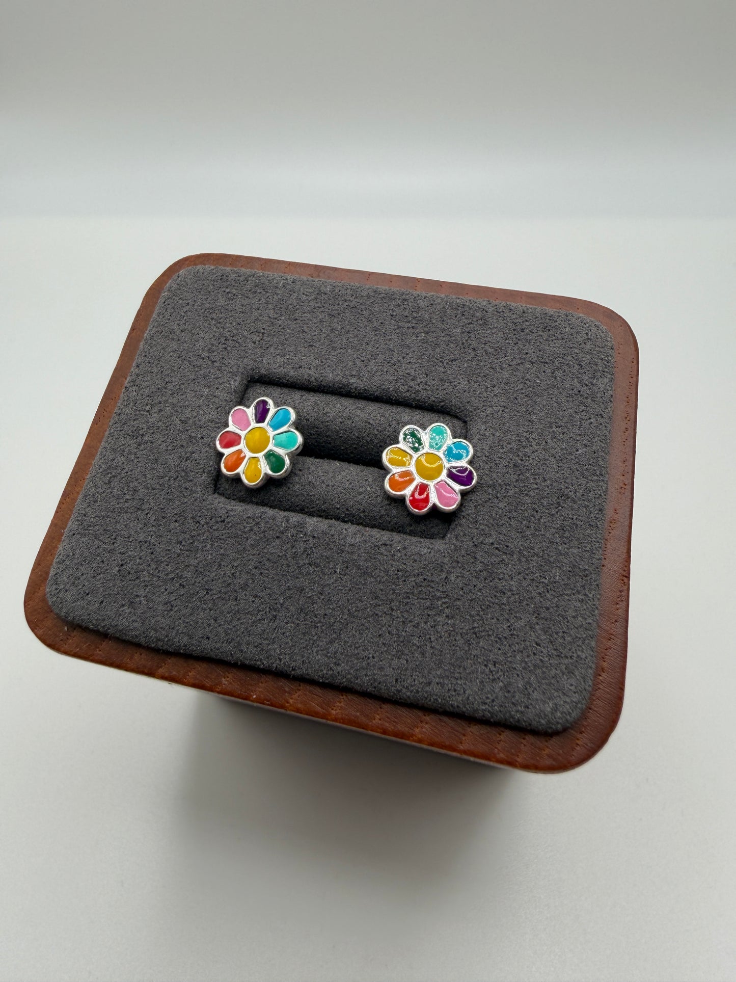 Rhodium Plated 925 Sterling Silver Multi Color Enamel Flower 9.5mm Stud Earring