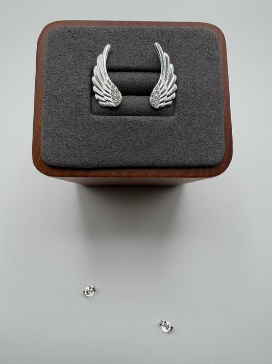 Rhodium Plated 925 Sterling Silver Angel Wings Stud Earring