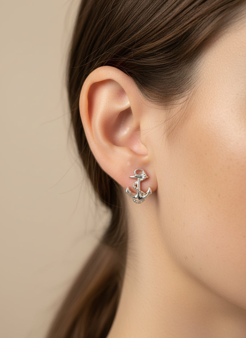 Silver 925 Rhodium Anchor Stud Earrings