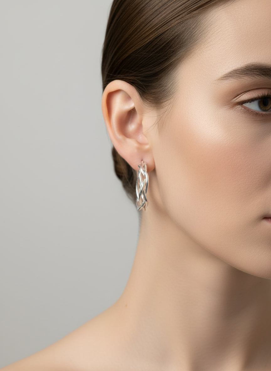 925 Sterling Silver High Polished Weave Hoop Earrings