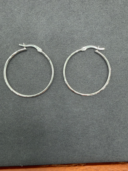 Rhodium Plated 925 Sterling Silver Diamond Cut 30mm Hoop Earring