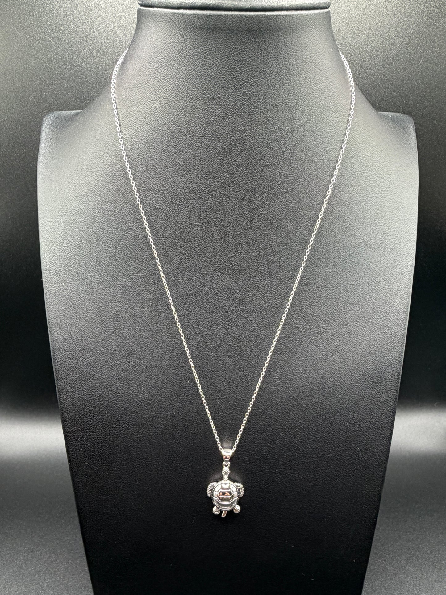 925 Silver Rhodium Plated Clear CZ Turtle Pendant Necklace