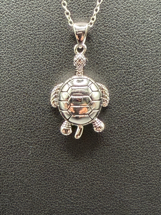 925 Silver Rhodium Plated Clear CZ Turtle Pendant Necklace