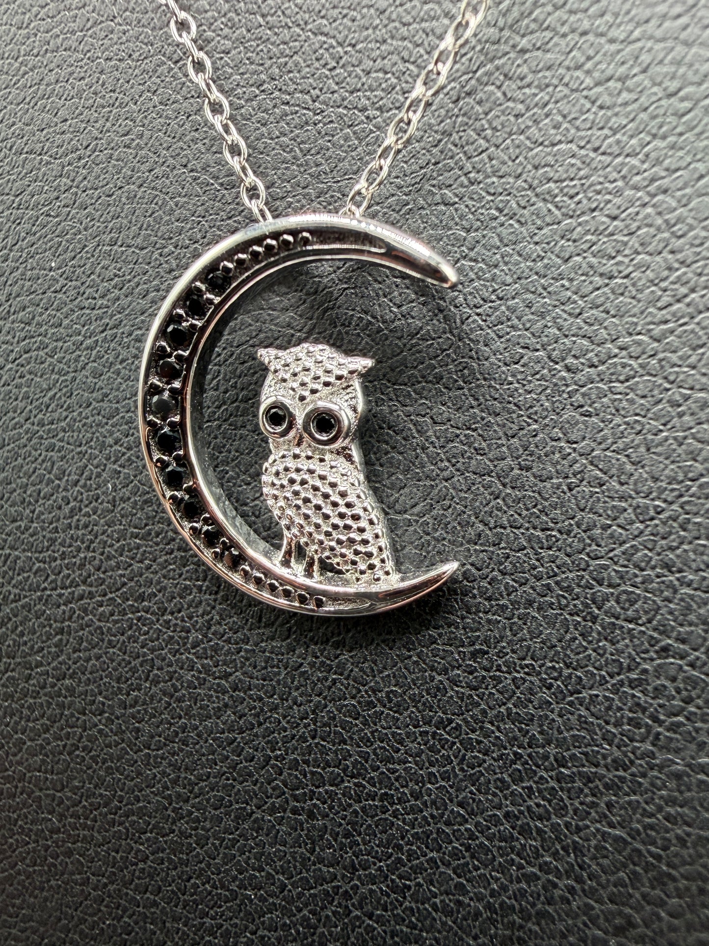 925 Silver Black Rhodium Plated Moon and Owl Pendant Necklace