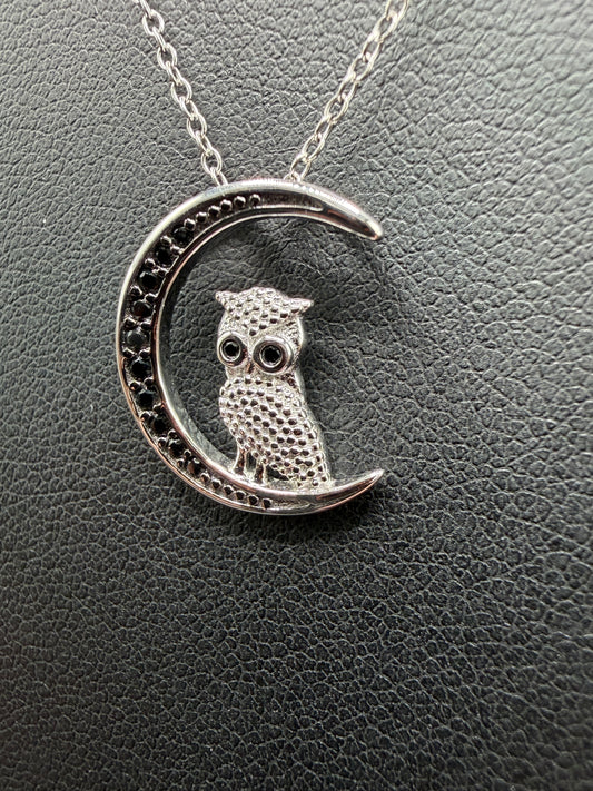 925 Silver Black Rhodium Plated Moon and Owl Pendant Necklace
