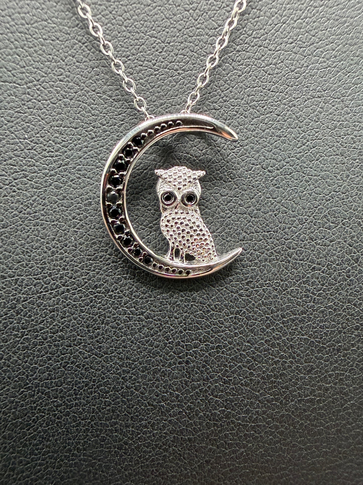 925 Silver Black Rhodium Plated Moon and Owl Pendant Necklace