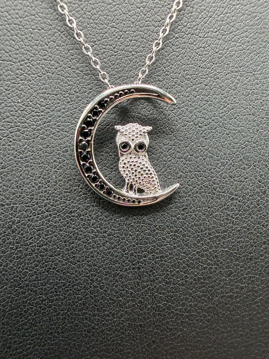 925 Silver Black Rhodium Plated Moon and Owl Pendant Necklace