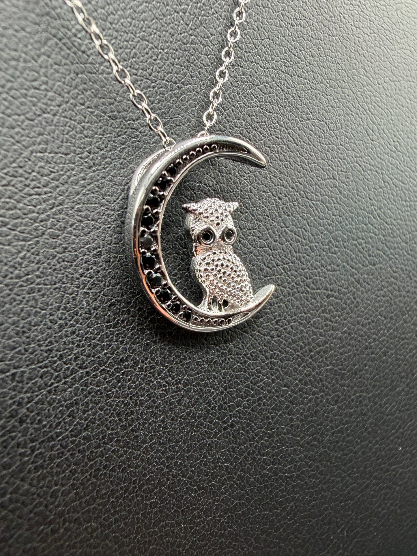 925 Silver Black Rhodium Plated Moon and Owl Pendant Necklace