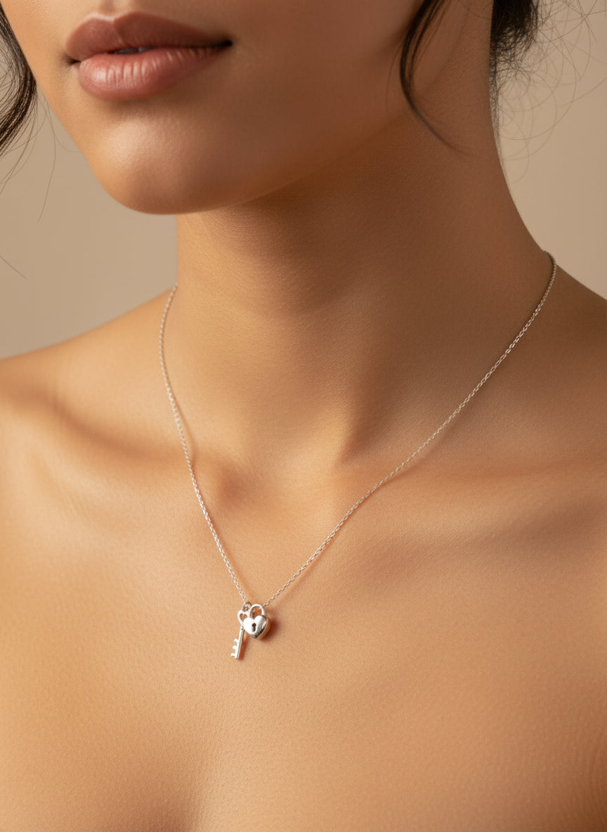 925 Sterling Silver Medium Love Key and Heart Lock Necklace