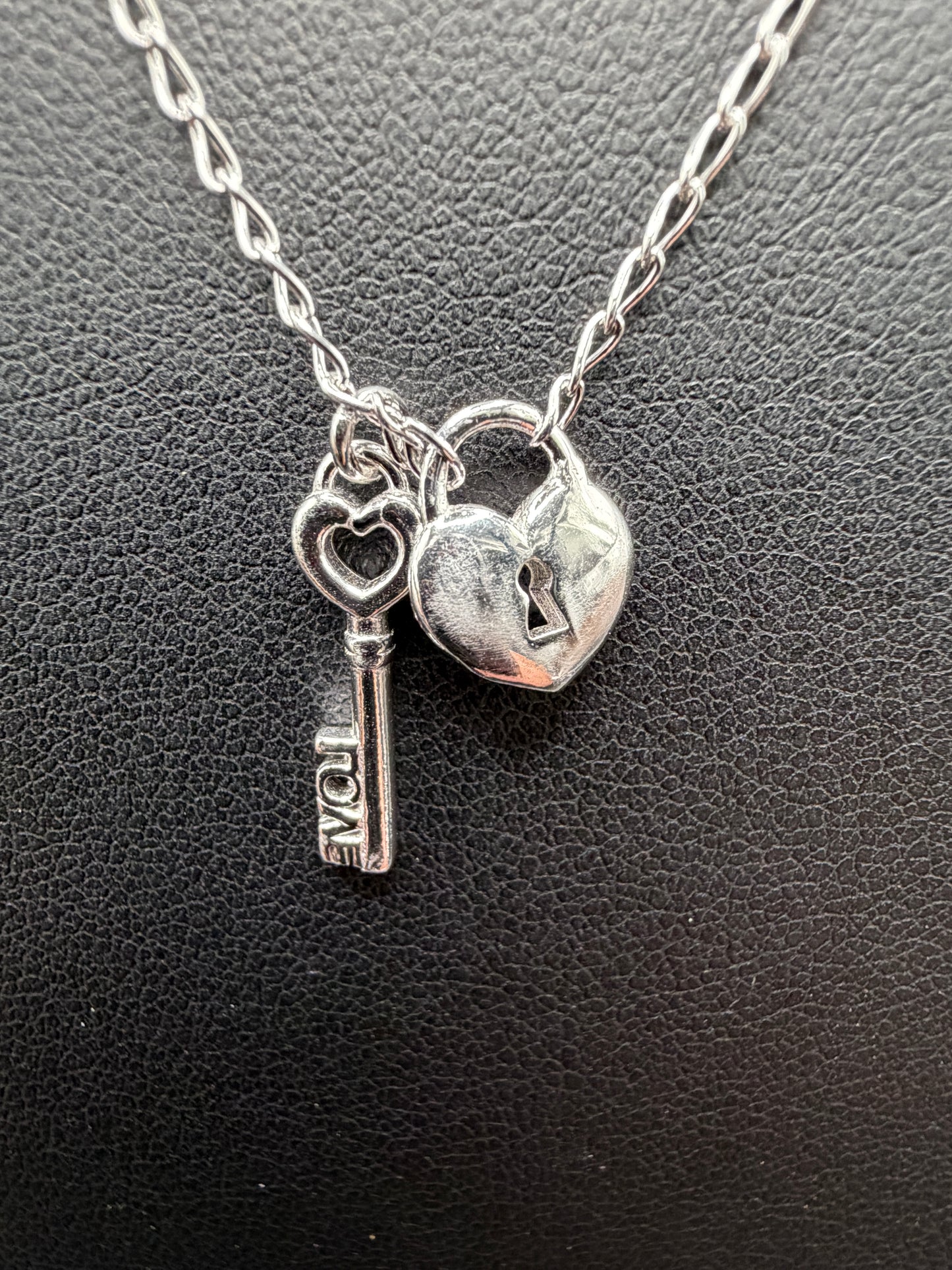 925 Sterling Silver Medium Love Key and Heart Lock Necklace
