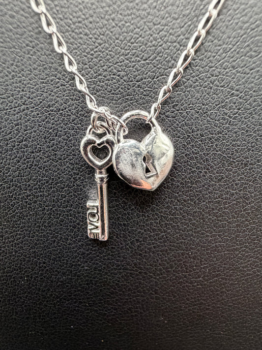 925 Sterling Silver Medium Love Key and Heart Lock Necklace