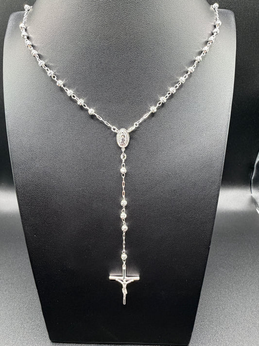 925 Silver Diamond V-Cut Beads 22" Rosary 4mm