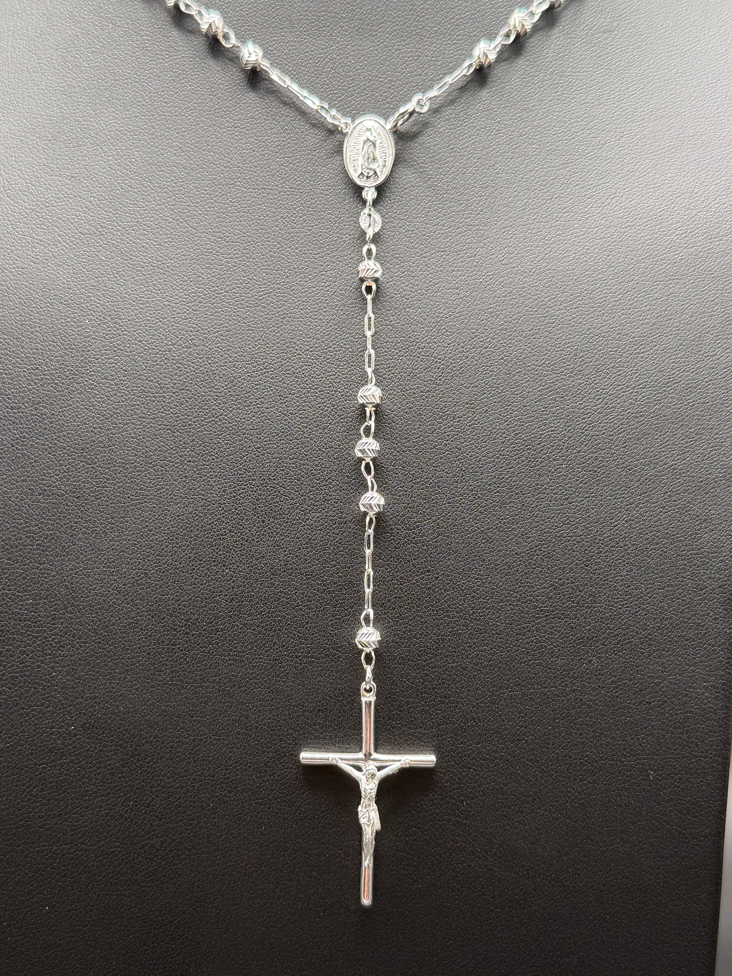 925 Silver Diamond V-Cut Beads 22" Rosary 4mm