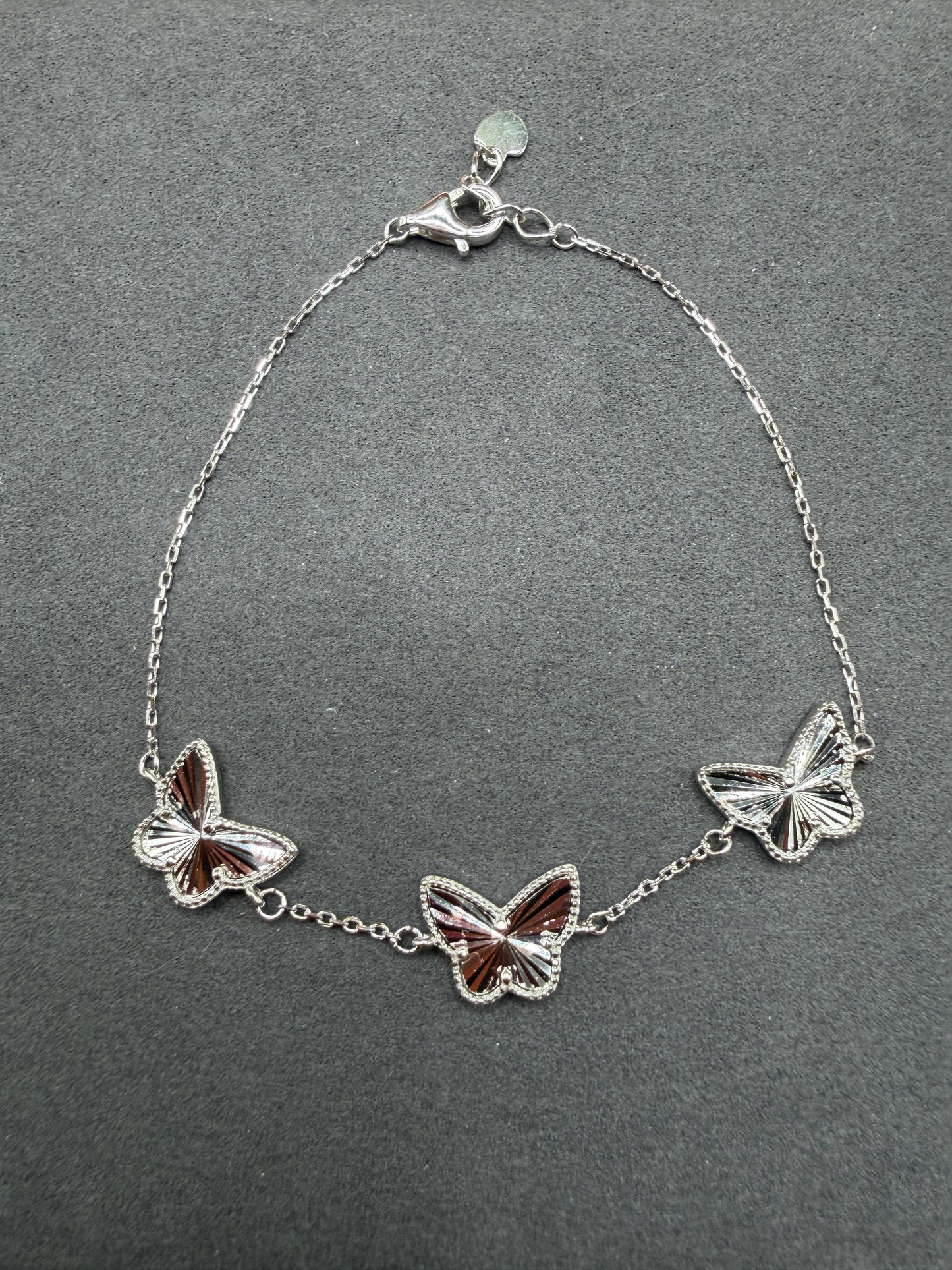 925 Sterling Silver Diamond Cut Three Butterfly Charm Adjustable Bracelet