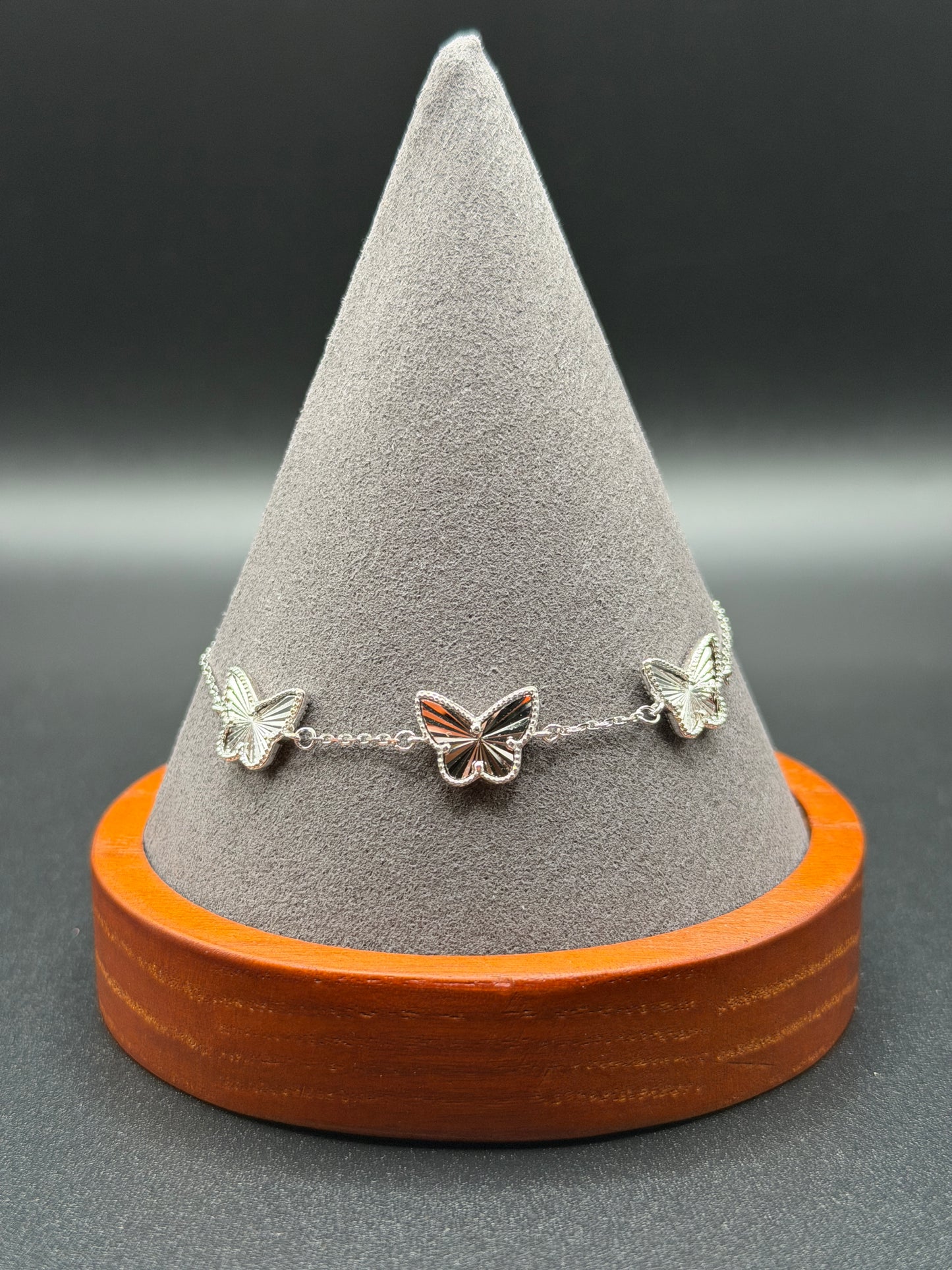 925 Sterling Silver Diamond Cut Three Butterfly Charm Adjustable Bracelet