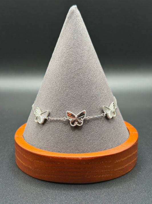 925 Sterling Silver Diamond Cut Three Butterfly Charm Adjustable Bracelet