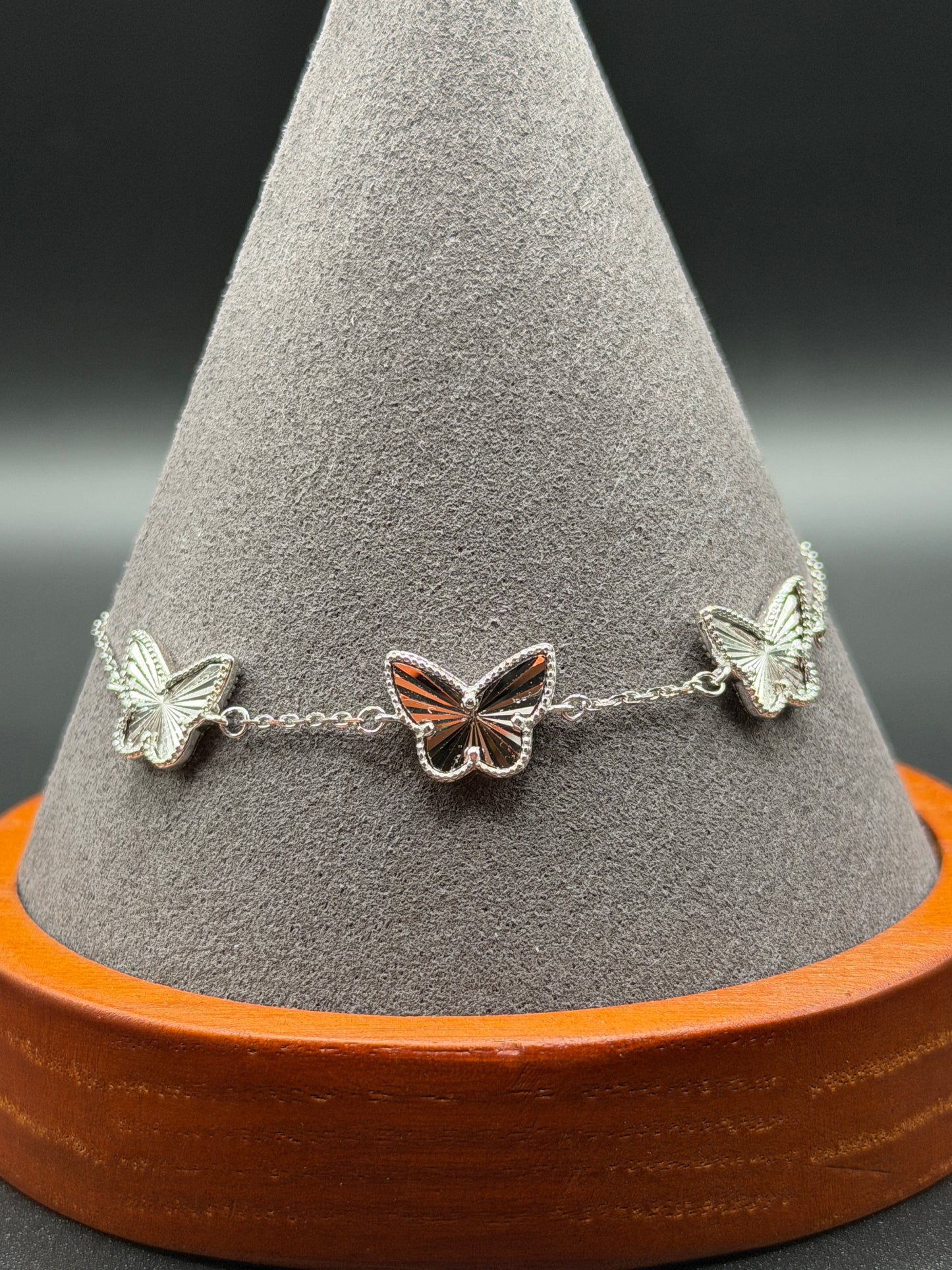 925 Sterling Silver Diamond Cut Three Butterfly Charm Adjustable Bracelet