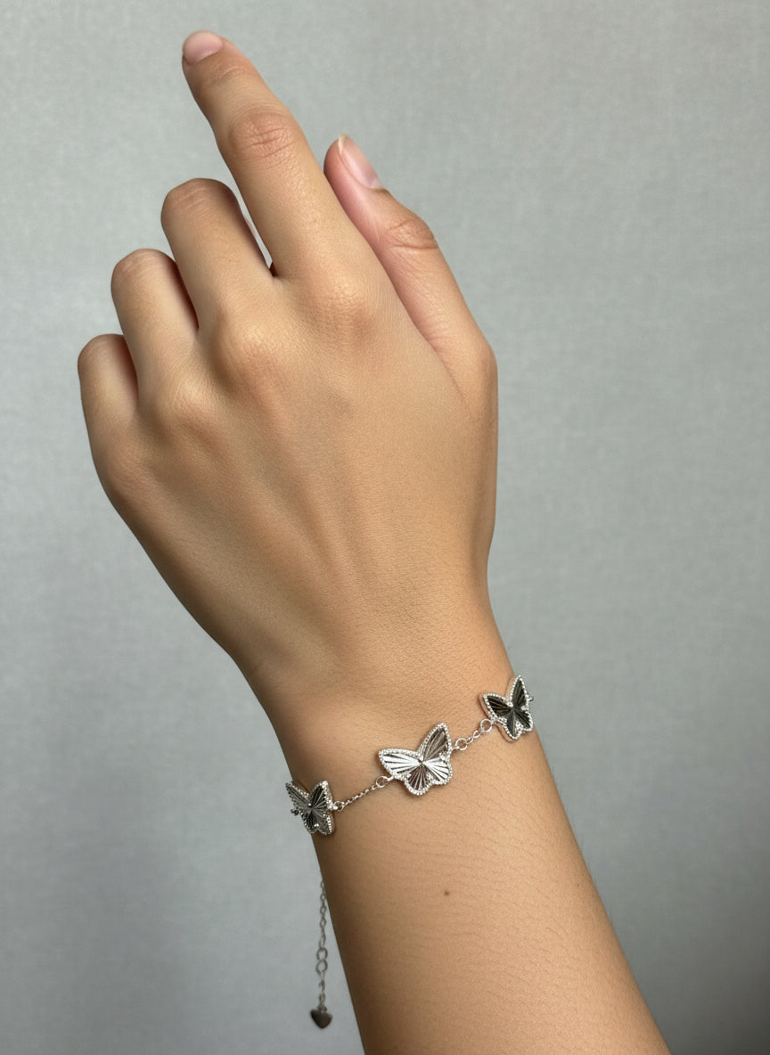 925 Sterling Silver Diamond Cut Three Butterfly Charm Adjustable Bracelet