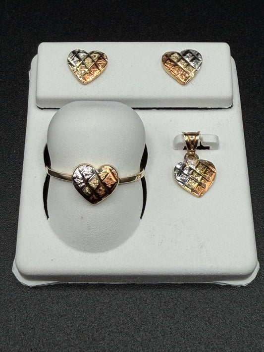 10K Gold Tri-Color Heart Set