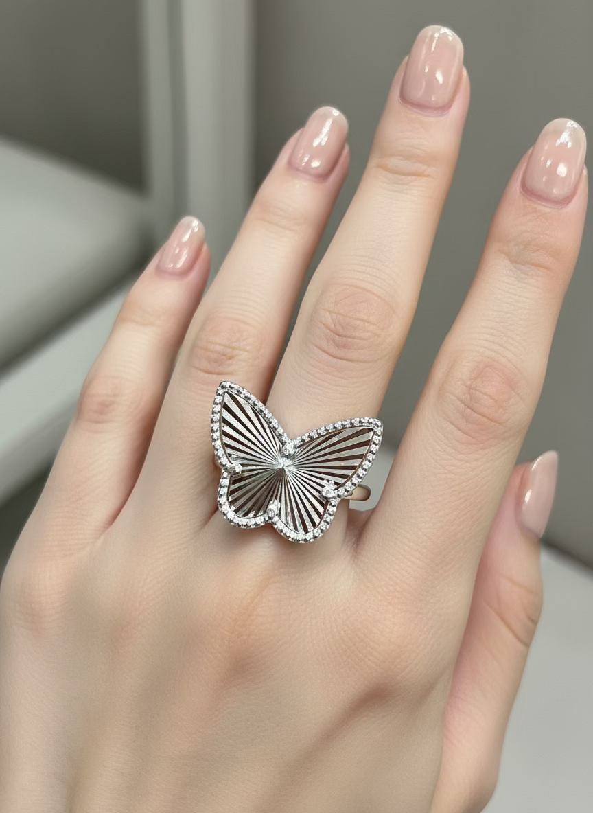 925 Sterling Silver Diamond Cut Butterfly Ring