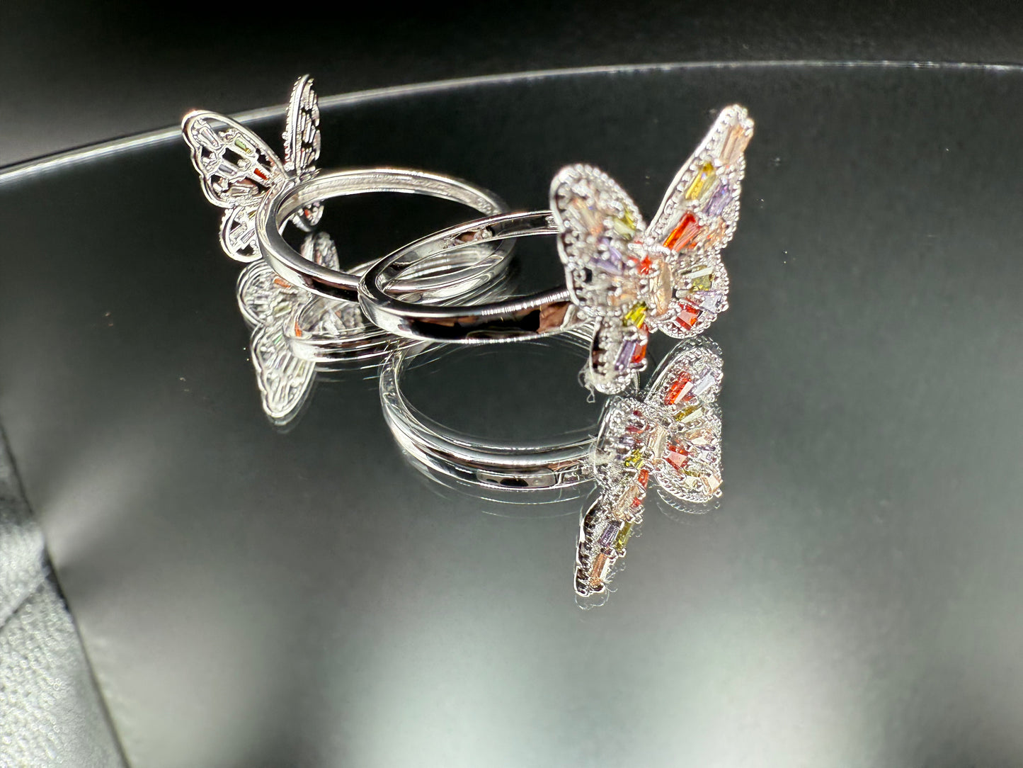 925 Sterling Silver Multi Color Baguette CZ Butterfly Ring