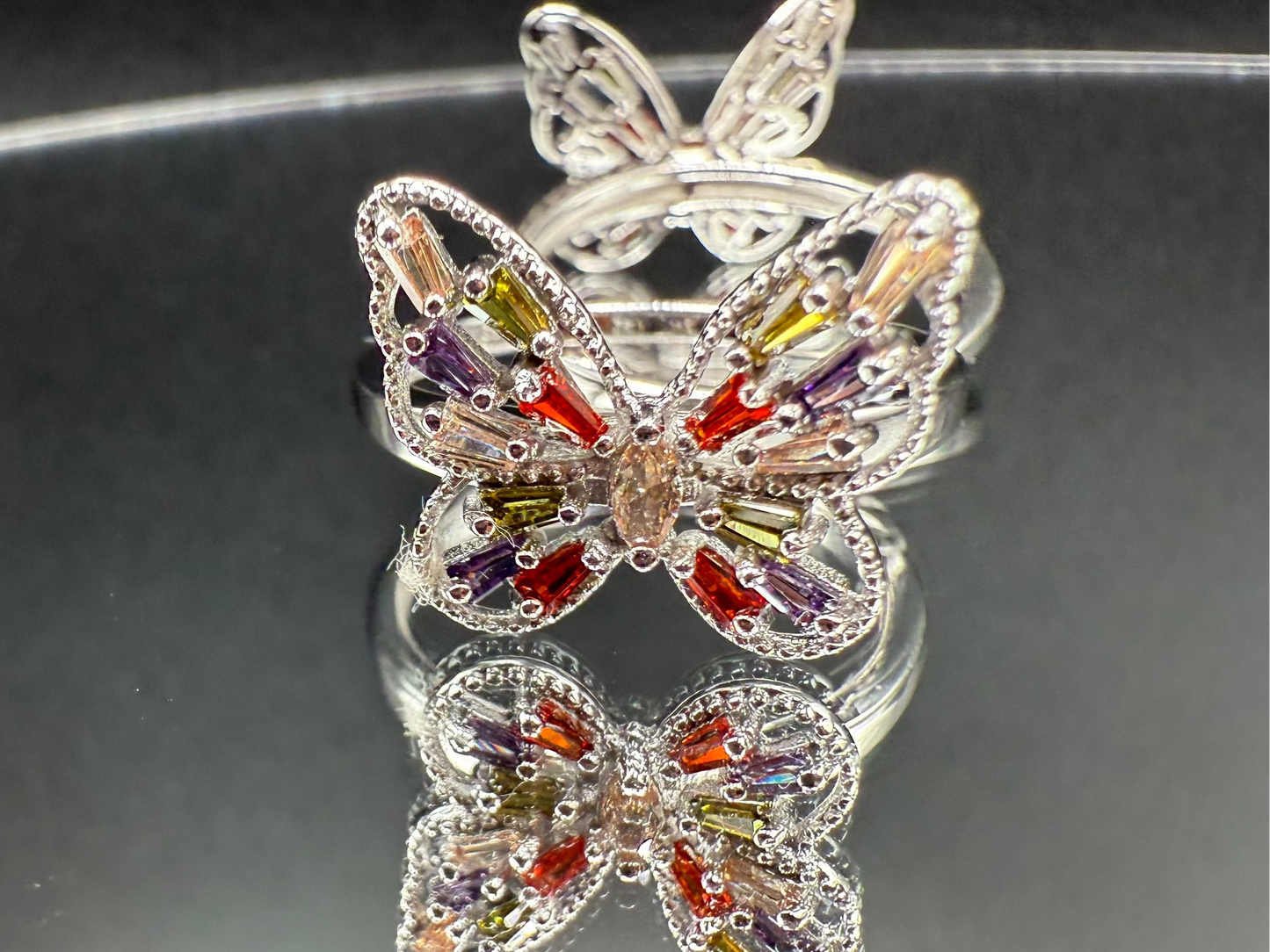 925 Sterling Silver Multi Color Baguette CZ Butterfly Ring