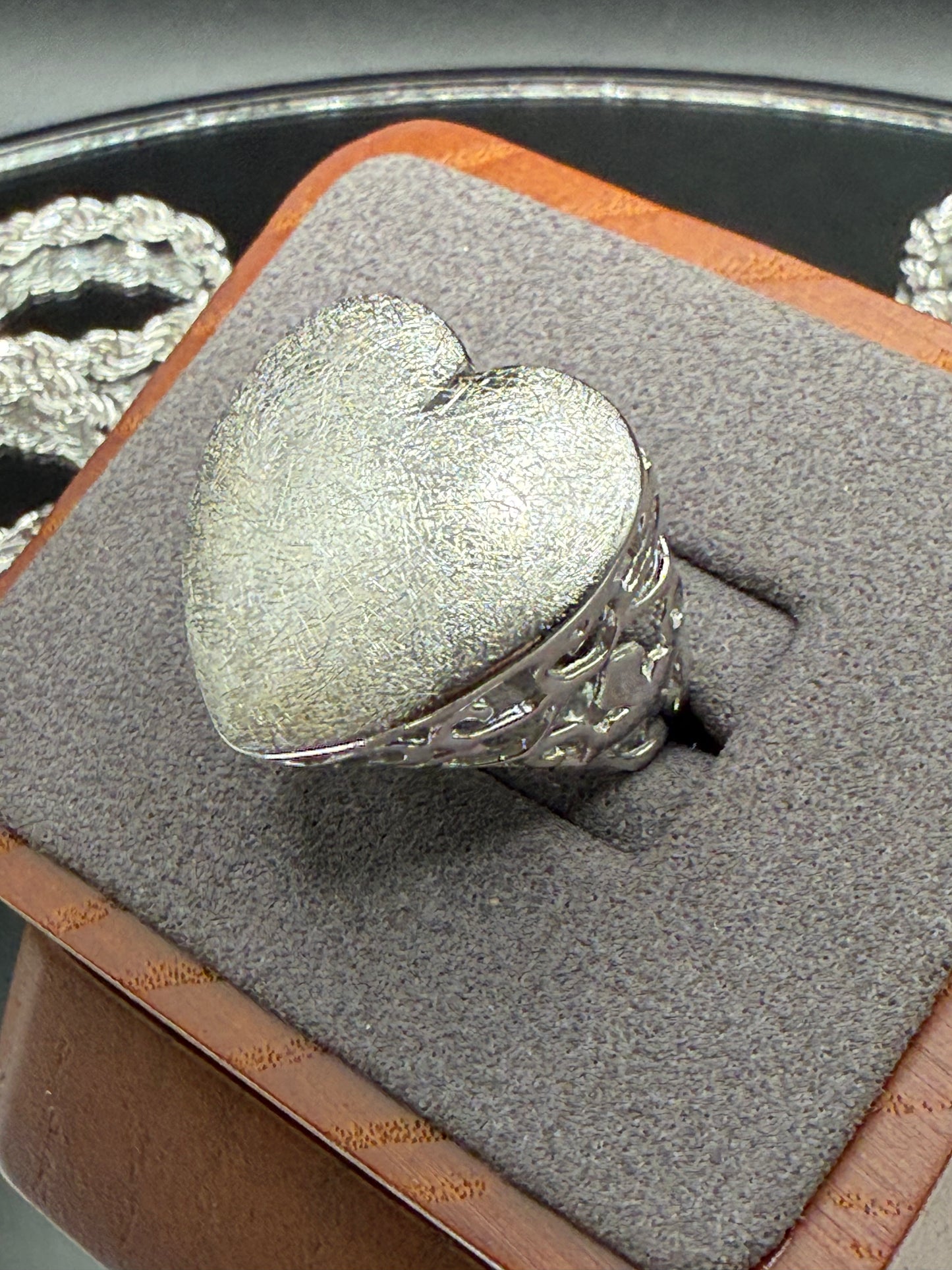 Silver 925 Rhodium Plated Sand Blast Heart Ring