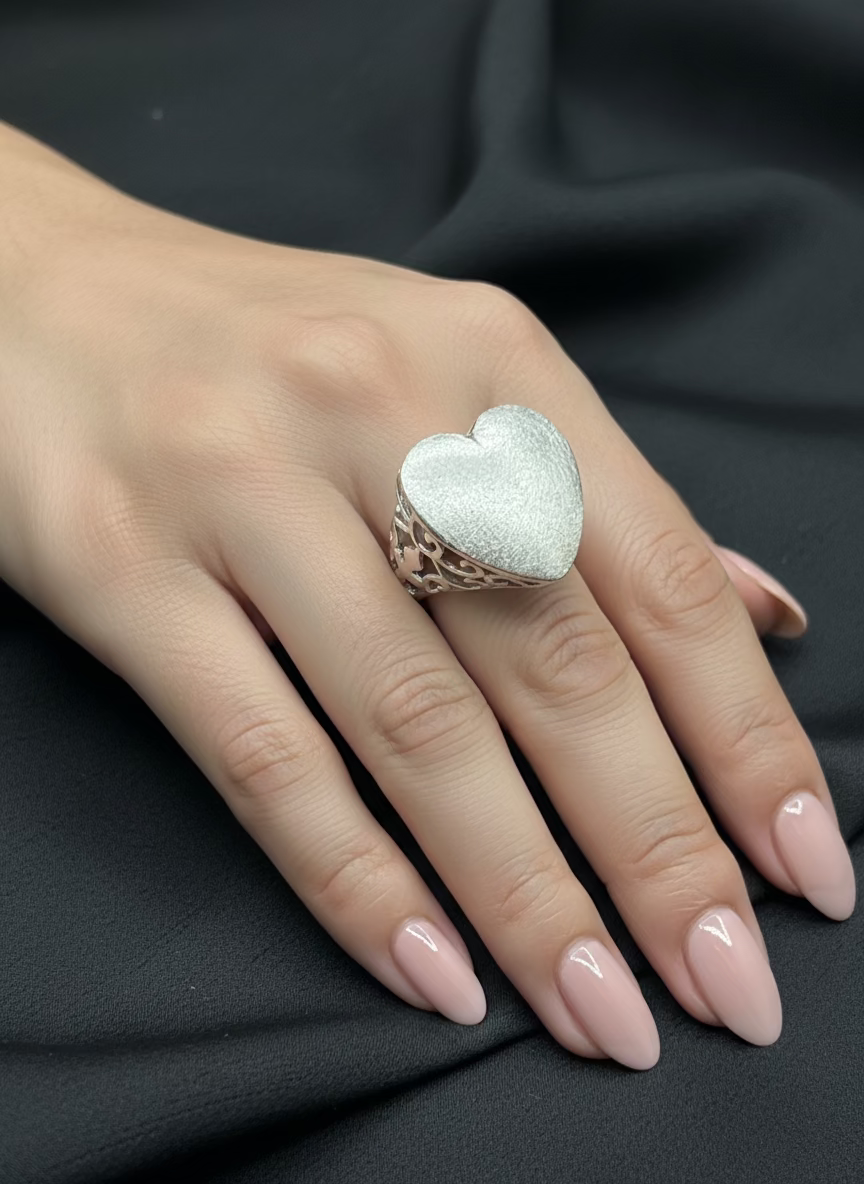 Silver 925 Rhodium Plated Sand Blast Heart Ring