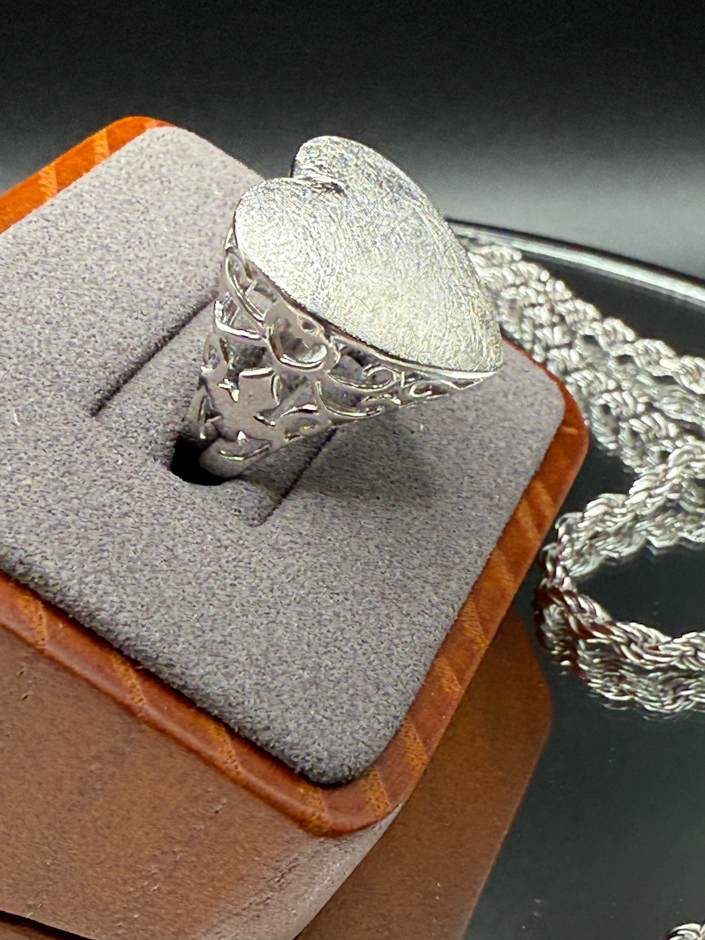 Silver 925 Rhodium Plated Sand Blast Heart Ring