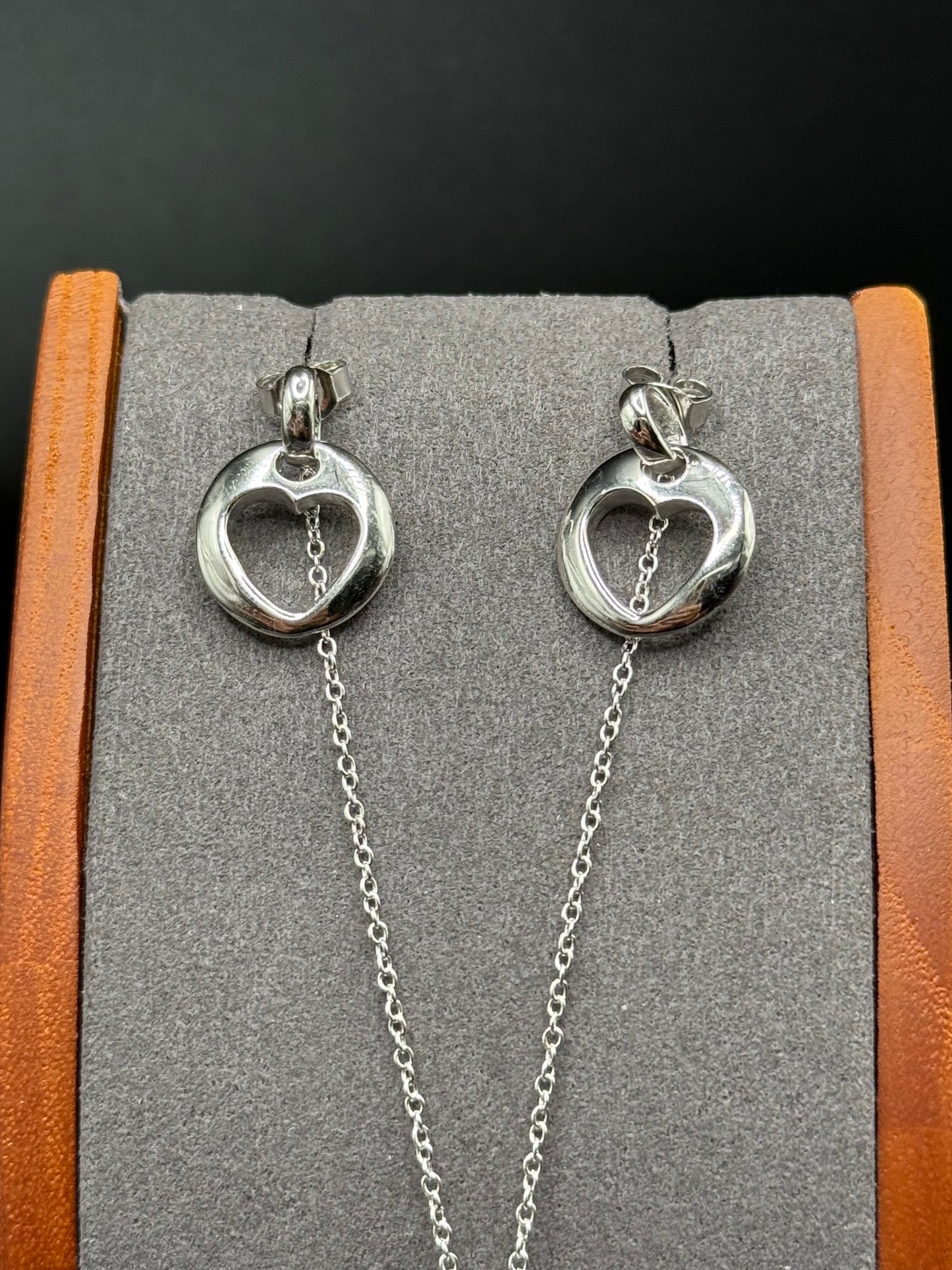925 Silver Rhodium Plated Open Circle Heart Stud Earring and Dangling Necklace Set