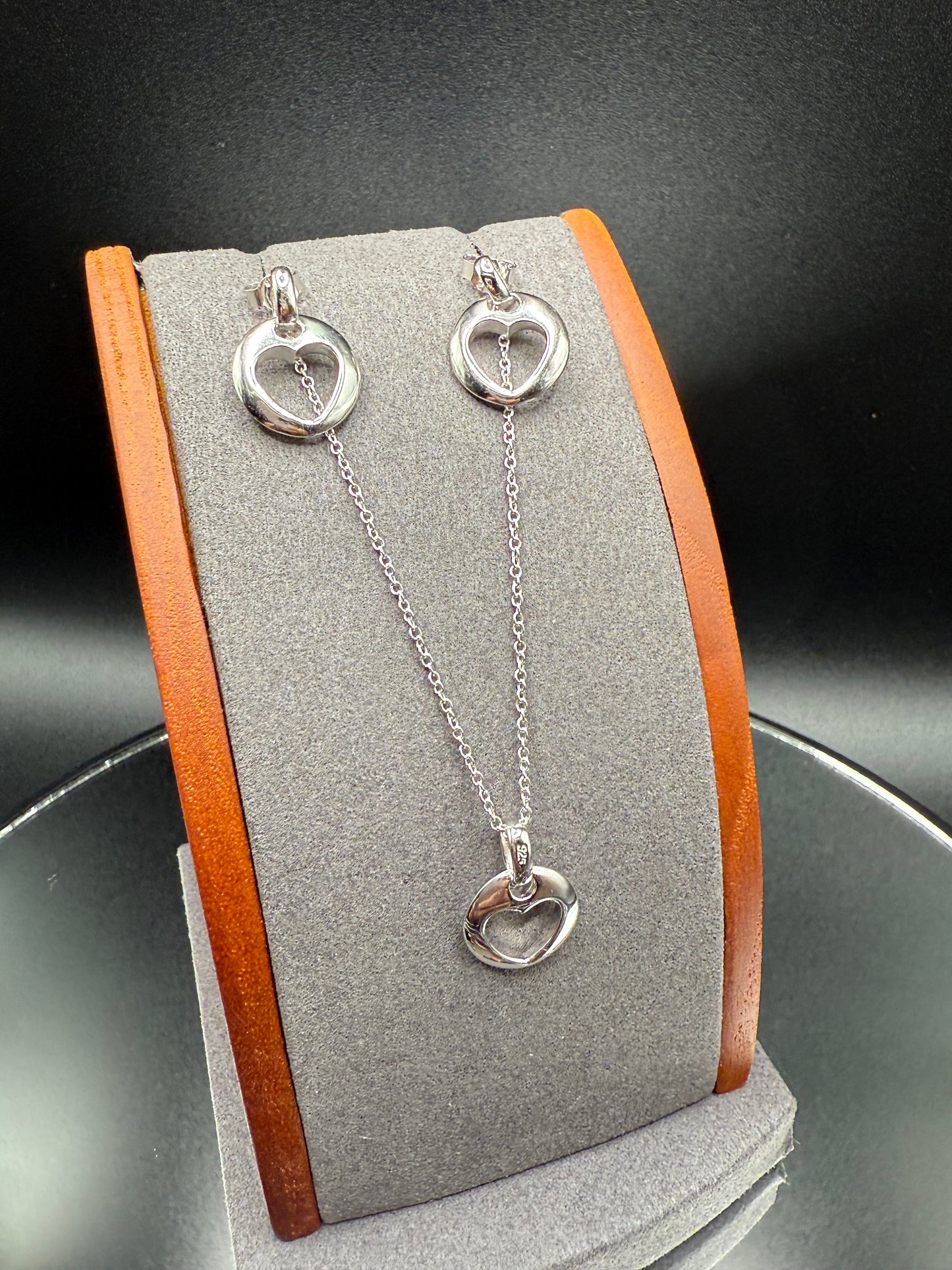 925 Silver Rhodium Plated Open Circle Heart Stud Earring and Dangling Necklace Set