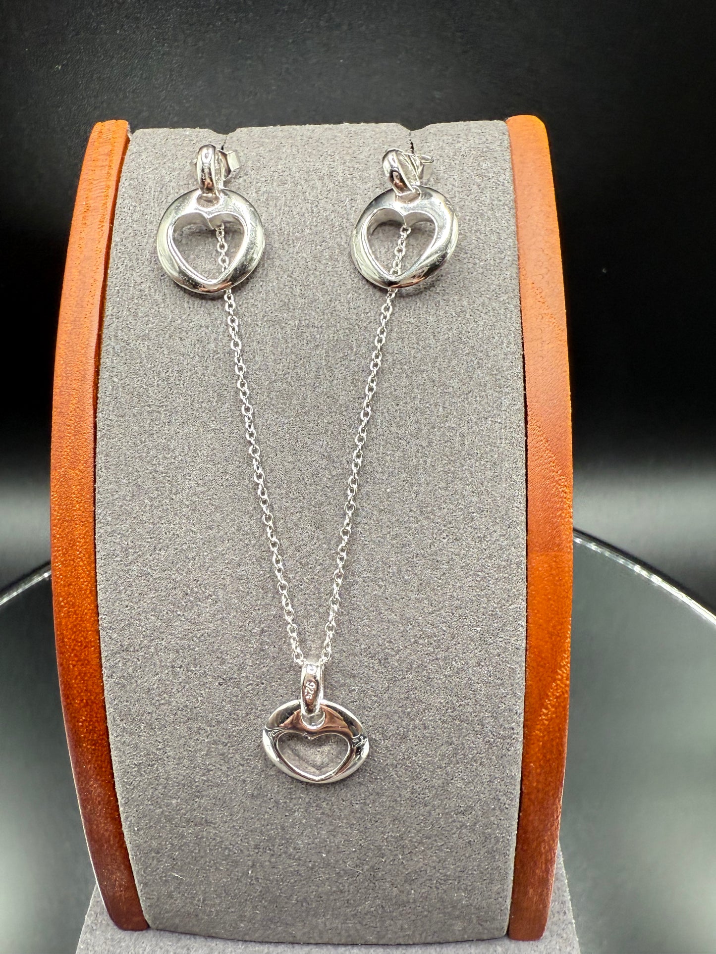 925 Silver Rhodium Plated Open Circle Heart Stud Earring and Dangling Necklace Set