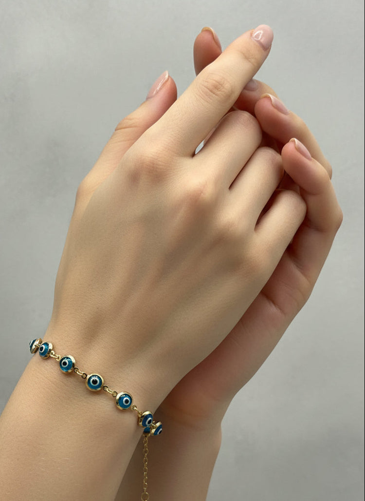 10K Gold Aqua Blue Evil Eye Bracelet