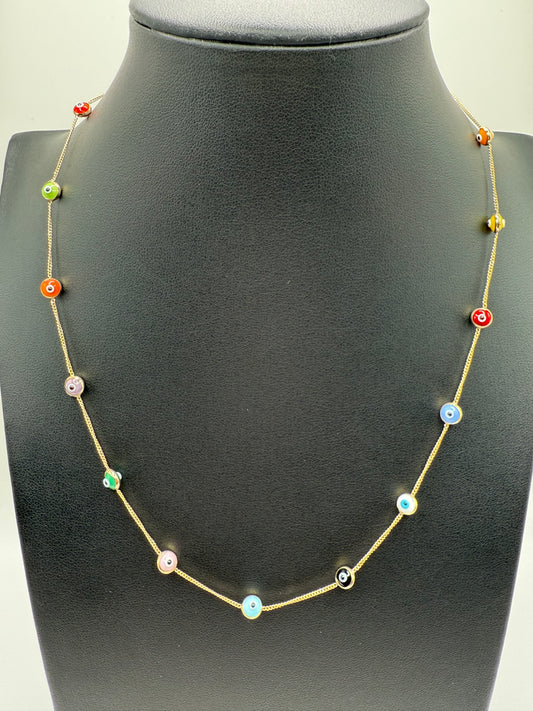 10K Gold Multi Color Evil Eye Necklace