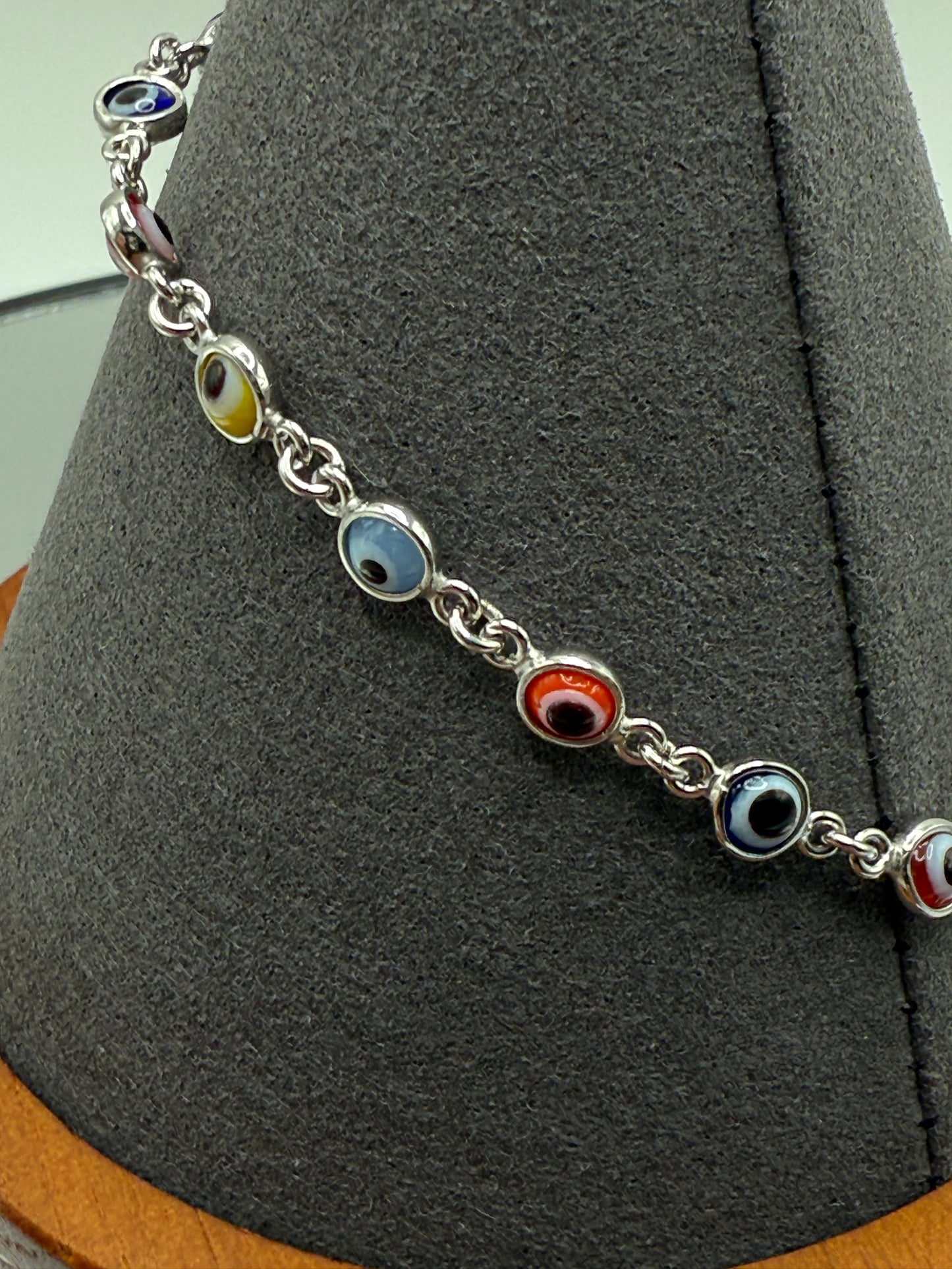925 Sterling Silver Fifteen Multi Color Evil Eye Charm Adjustable Bracelet