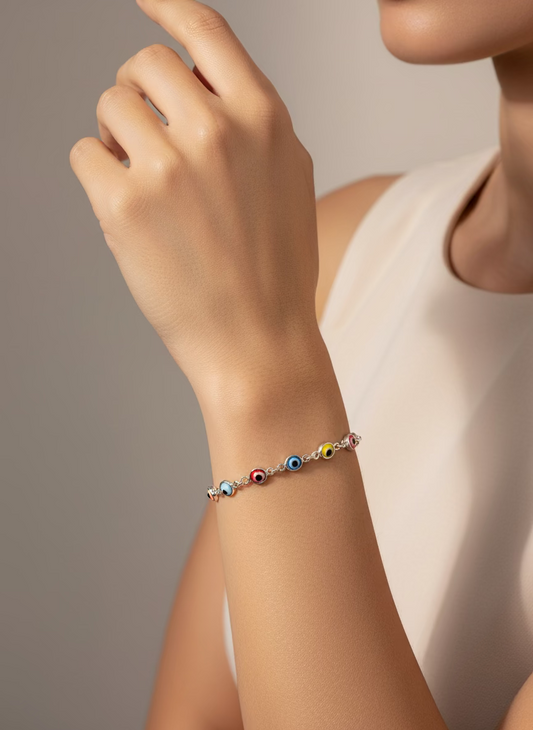 925 Sterling Silver Fifteen Multi Color Evil Eye Charm Adjustable Bracelet